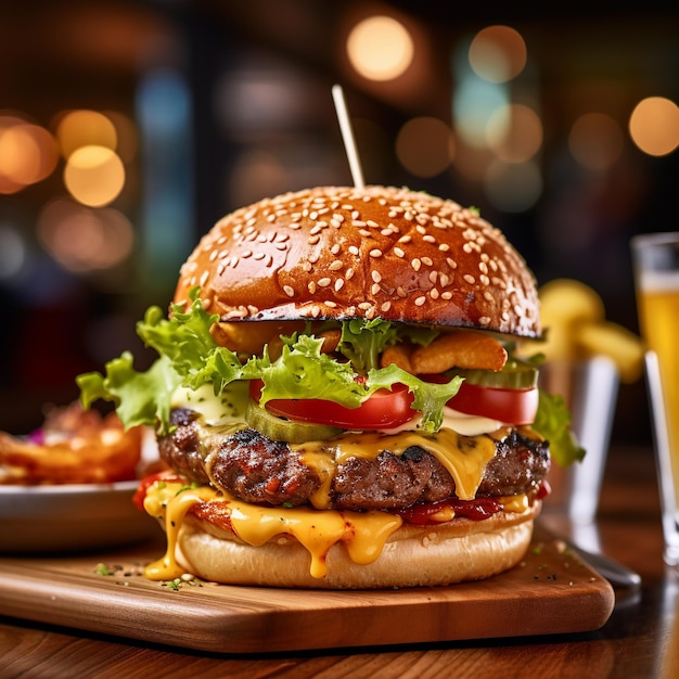 Op een houten tafel staat een hamburger met sla, tomaat en kaas erop.