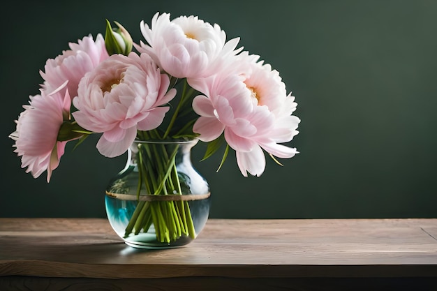 Op een houten tafel staat een vaas met roze pioenrozen.