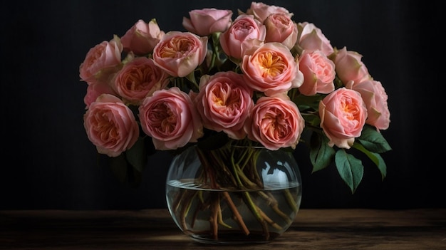 Op een houten tafel staat een vaas met roze rozen.
