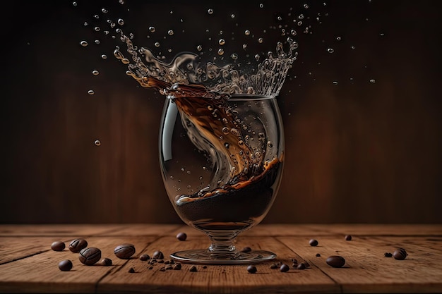 Op een houten tafel staat zwarte koffie in een glazen beker met koffiebonen en een stuiterende druppel