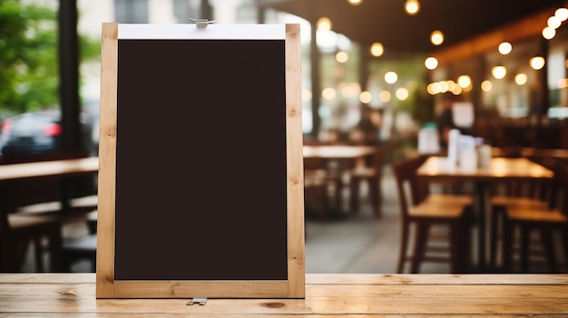 Op een houten tafelblad staat een leeg menubord met een wazige coffeeshopachtergrond