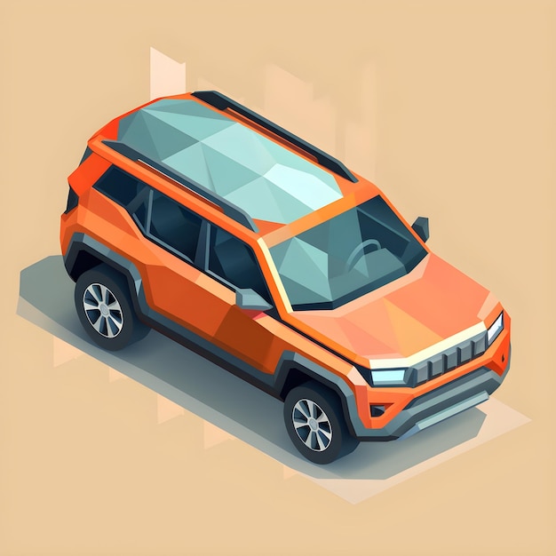 Op een illustratie wordt een oranje jeep getoond.