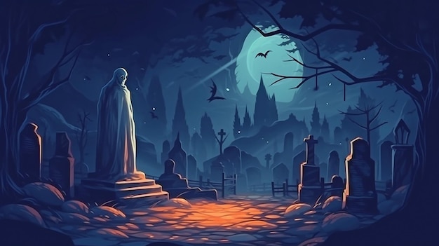 Op een kerkhof 's nachts een griezelige geest Generatieve AI Halloween-achtergrond