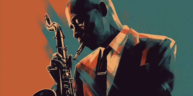 Op een kleurrijke achtergrond speelt een jazzband op een saxofoon.