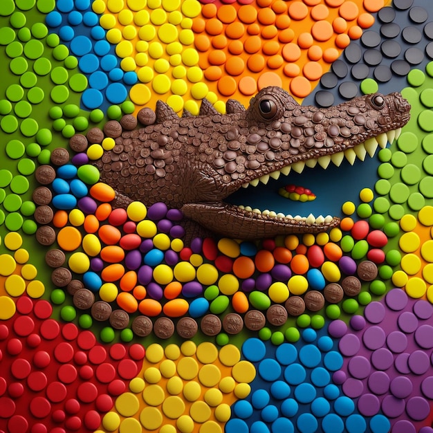 Foto op een kleurrijke muur prijkt een krokodil gemaakt van snoep.