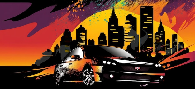Op een kleurrijke poster voor de autoshow staat een auto afgebeeld