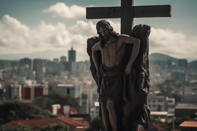 Op een kruis staat een beeld van jezus met op de achtergrond een stad.