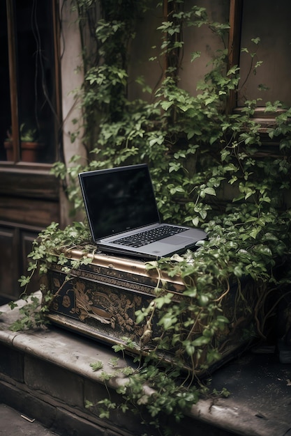 Op een ladekast staat een laptop met een plant erop.