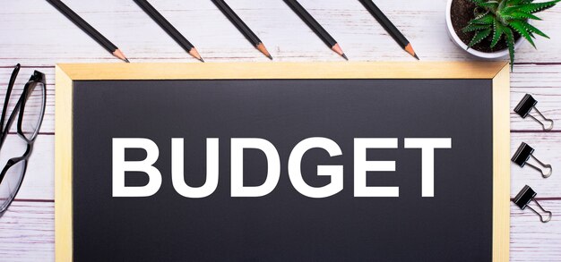 Op een licht houten tafel - een bord met de tekst BUDGET, potloden, planten, glazen en paperclips. Bedrijfsconcept