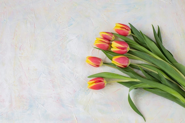 op een lichte achtergrond een boeket van tulpen