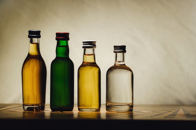 Op een lichte achtergrond staan verschillende alcoholflessen op tafel.