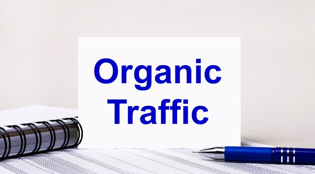 Op een lichtgrijze achtergrond een notitieboekje, een blauwe pen en een vel papier met de tekst ORGANIC TRAFFIC. Bedrijfsconcept