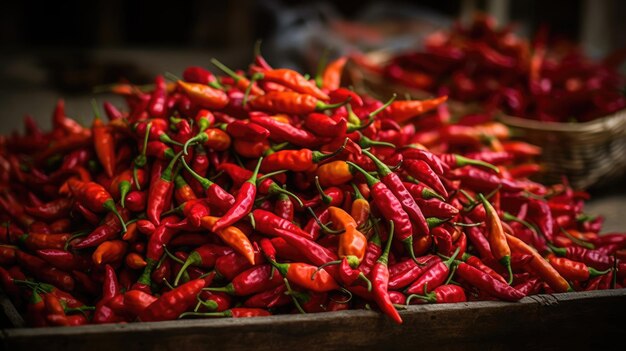 Op een markt staat een dienblad met rode chilipepers uitgestald.