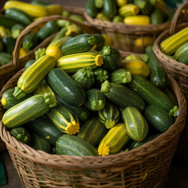 Op een markt staat een mandje courgette tentoongesteld.