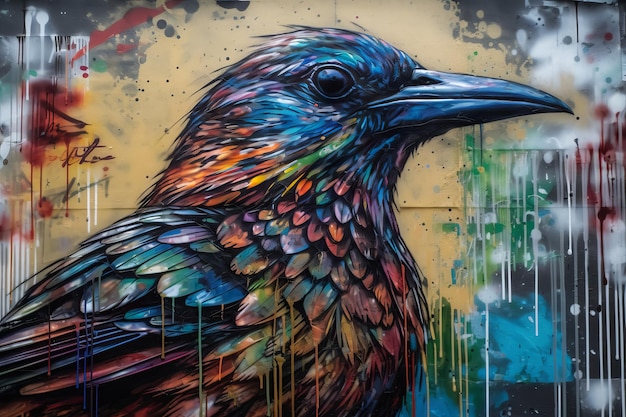 Op een muur is een kleurrijke vogel met een zwarte snavel geschilderd.