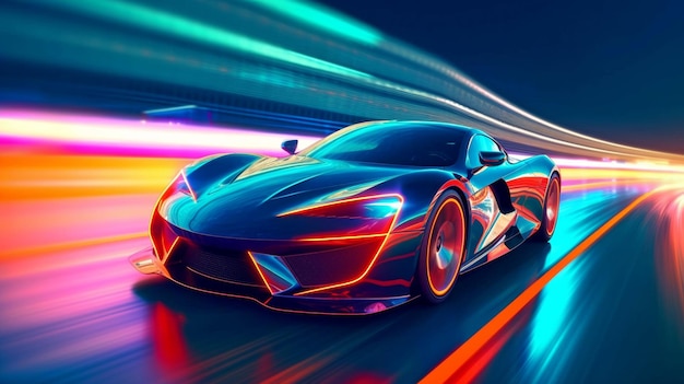 Op een neonsnelweg een futuristische sportwagen Generatieve AI en krachtige supercar-acceleratie