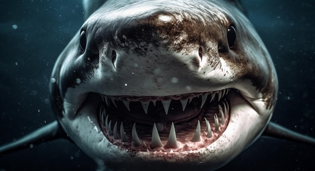 Op een onderwaterbeeld is een haai met scherpe tanden te zien.