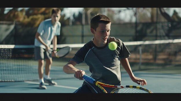 Op een outdoor hardcourt in de lente speelt een man tennis met zijn tienerzoon Generatieve AI