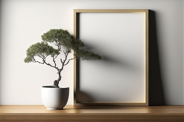 Op een plank een lege lijstsjabloon Achtergrond van een houten plankmuur Poster met afbeeldingen en tekst een bonsaiboom