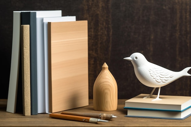 Op een plank met borstels en een houten vogelfiguur staan lege mock-upboeken met planken van hout op de achtergrond