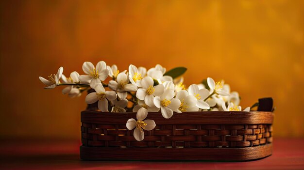 Op een rode tafel staat een mand met witte bloemen.