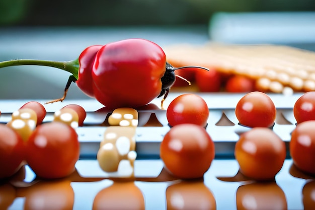 Op een rooster ligt een rode paprika met tomaten erop.