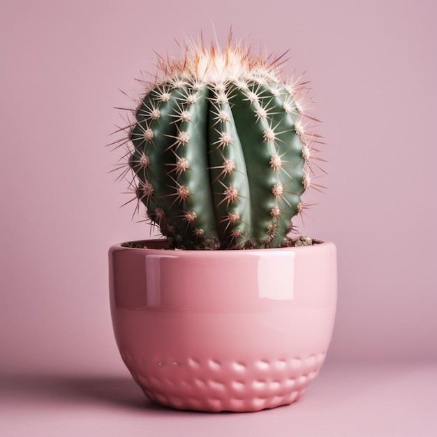 Op een roze tafel staat een cactus met een witte kap erop.