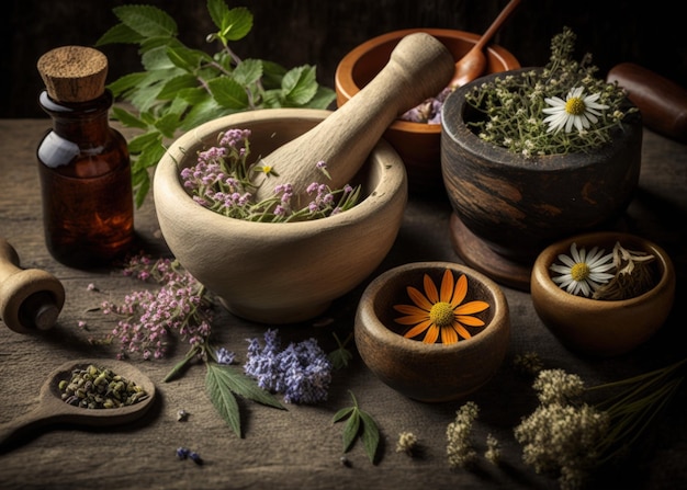 Op een rustieke houten achtergrond wordt een assortiment natuurlijke kruidengeneesmiddelen weergegeven met kruiden en bloemen