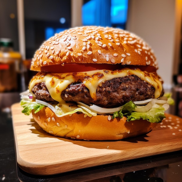 Op een snijplank staat een hamburger met sla en kaas.