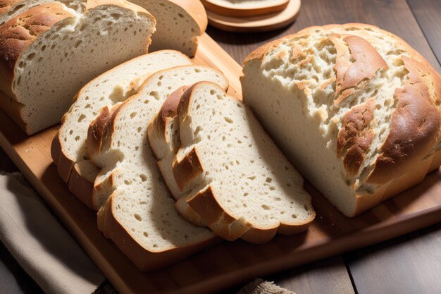 Op een snijplank wordt een brood in plakjes gesneden.