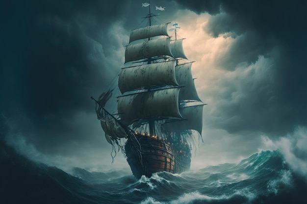 Op een stormachtige zee een piratenschip
