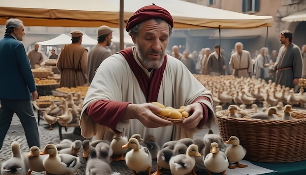 Foto op een straatmarkt in het oude rome koopt een man eenden.