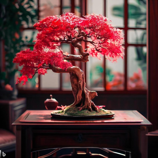 Foto op een tafel een prachtige esdoorn bonsaiboom
