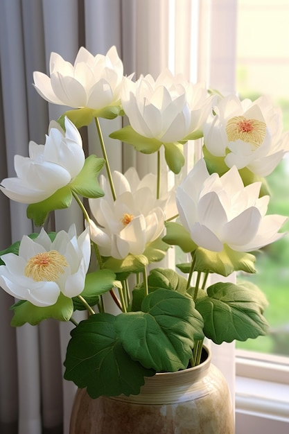 Op een tafel generatieve ai staat een vaas met witte bloemen erin