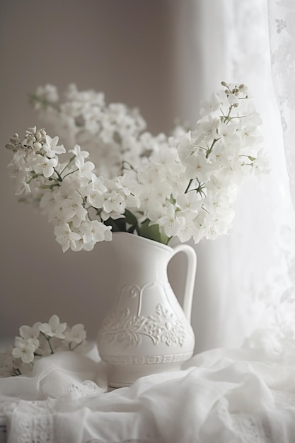 Op een tafel generatieve ai staat een witte vaas met witte bloemen erin