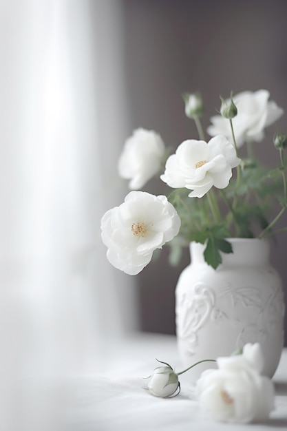 Op een tafel generatieve ai staat een witte vaas met witte bloemen erin