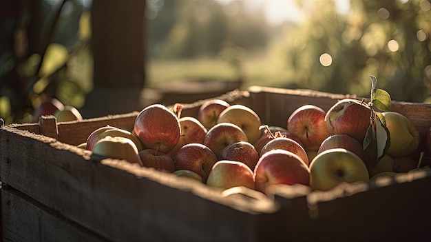 Op een tafel in een boerderij staat een doos appels.