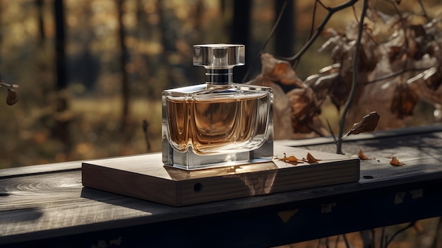 Op een tafel in het bos staat een flesje parfum.