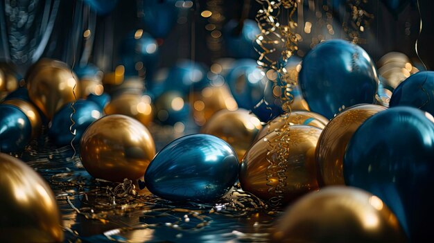 Op een tafel liggen een stel blauwe en gouden ballen verspreid.
