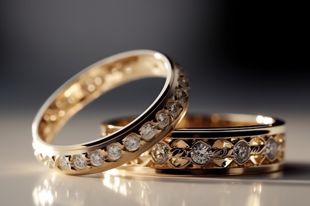 Op een tafel liggen twee gouden ringen met diamanten erop