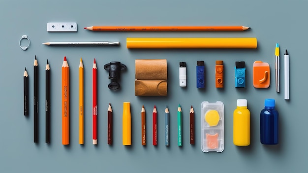 Op een tafel ligt een verzameling potloden, pennen en andere voorwerpen.