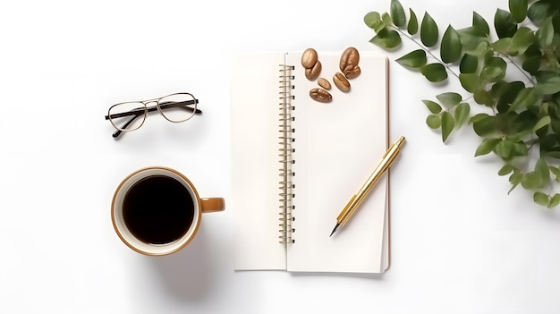 Op een tafel met een plant en een pen staan een notitieboekje, een pen, een bril en een kop koffie.