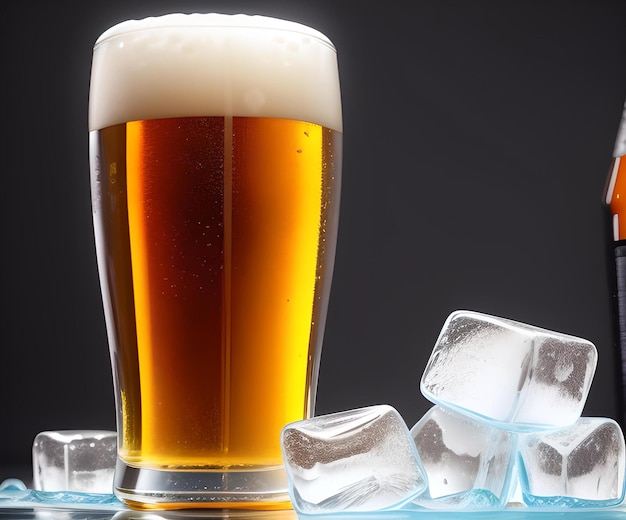 Foto op een tafel met ijsblokjes staat een glas bier met een schuimkraag.