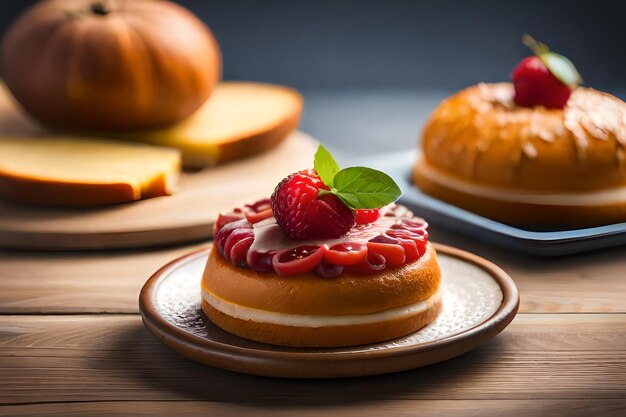 Op een tafel naast pompoenen staat een cake met een aardbei erop.