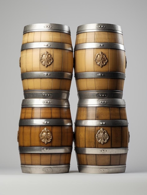 Op een tafel staan drie houten vaten whisky.