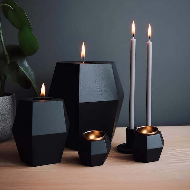 Op een tafel staan drie zwarte kaarsen met daarachter een plant.