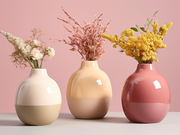 Op een tafel staan generatieve ai drie vazen met bloemen