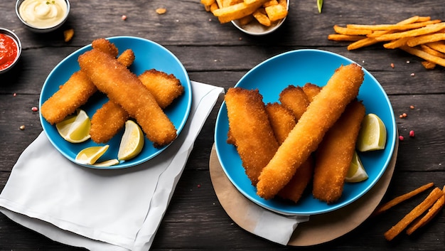 Op een tafel staan twee blauwe borden met fish and chips.