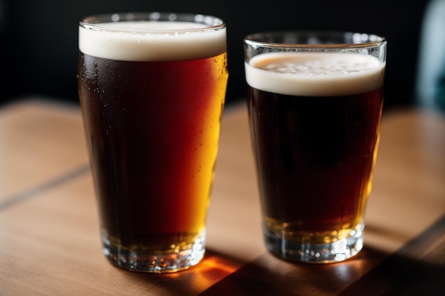 Op een tafel staan twee glazen bier, de ene donkerbruin en de andere donkerbruin.