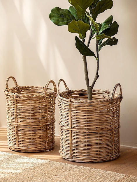 Op een tafel staan twee kleine manden, waarvan er één een plant is.